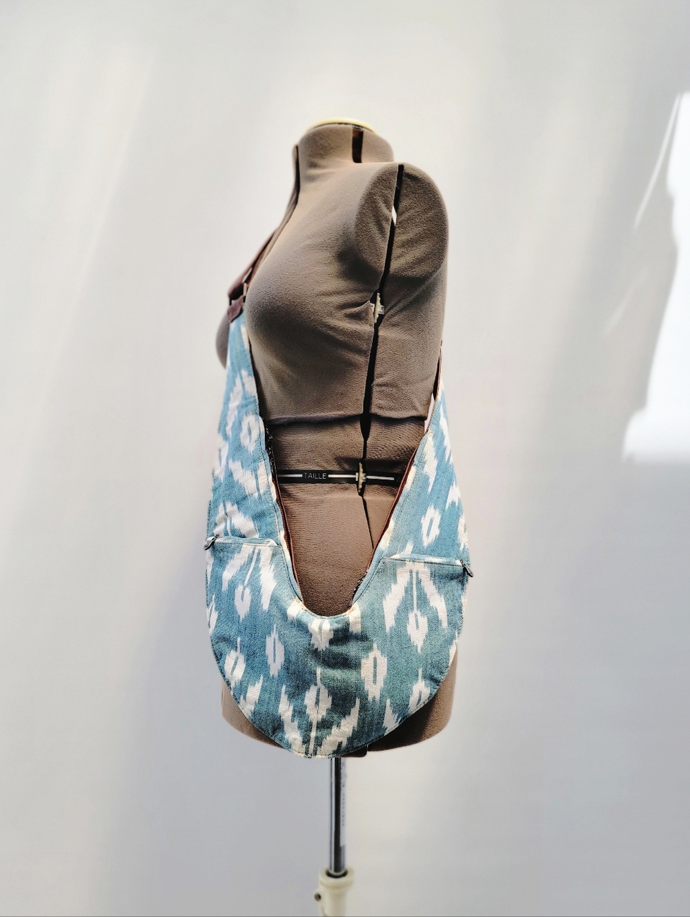 Sash Bag Blue Ikat Brown Leather Sling Hobo Shoulder Bag Boho Minimalist White